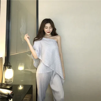 

2019 Spring and Summer New Korean Fashion Sexy Strapless Tube Top Shawl Top + High Waist Pants Sunscreen Suit