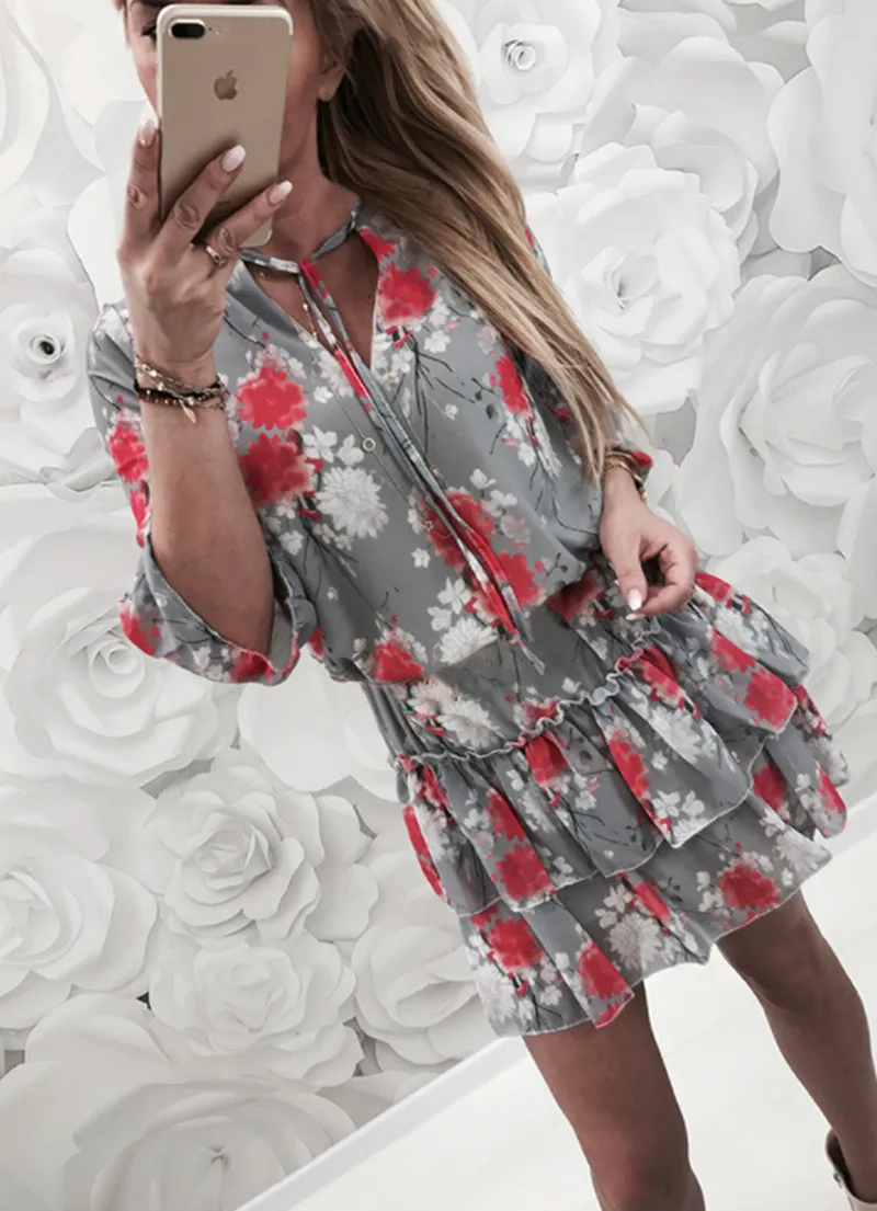 

Sweet Floral Print Ruffles Short Dress Women Summer V Neck Half Sleeve Beach Mini dress Female Casual Vintage Sundress Vestidos