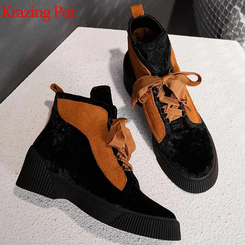 

krazing pot velvet shoes cow suede med heel lace up gorgeous casual Western boots comfortable British Oxfords ankle boots L07