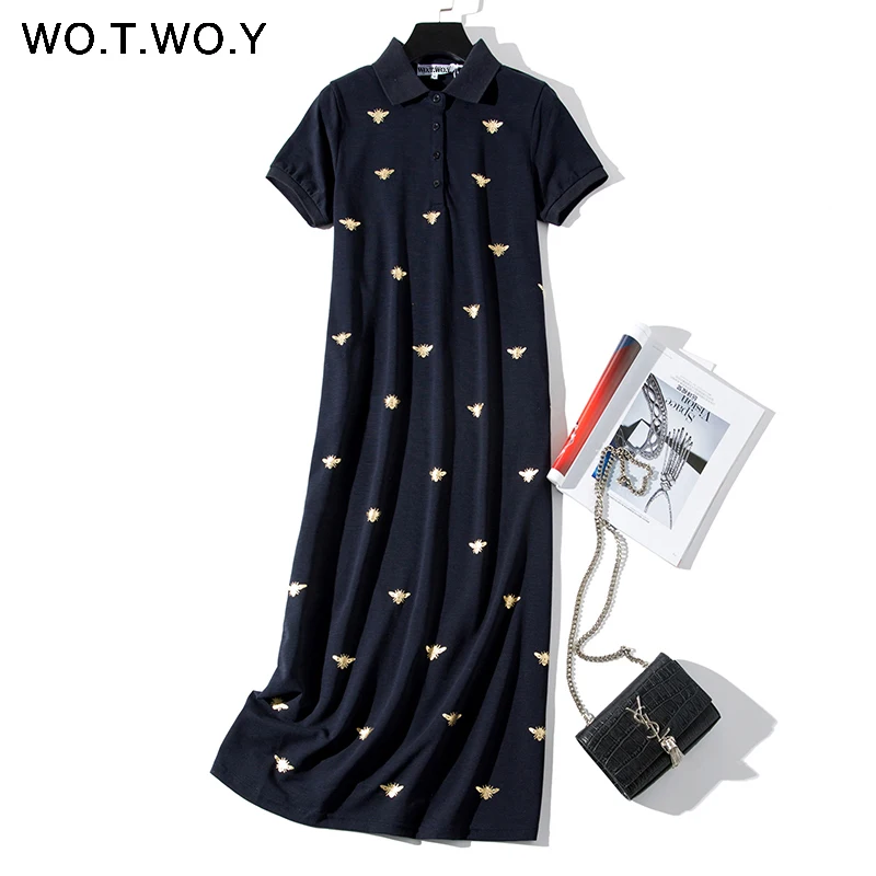 Billig WOTWOY Biene Druck Lange Knie Länge Hemd Kleider Frauen 2019 Casual drehen unten Polo Gerade Kleid Weibliche Taschen baumwolle Kleidung