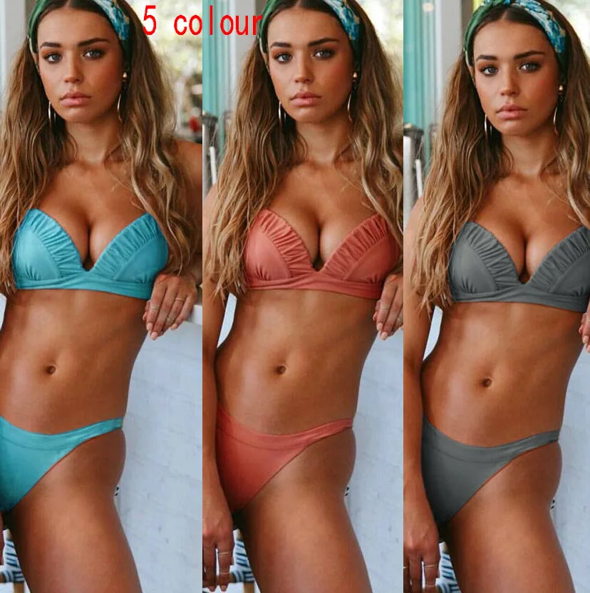 5 Colors Bikini Set Shell Shape Sexy Push Up Swimwear New Cheap Solid Blue Black Women High Cut |