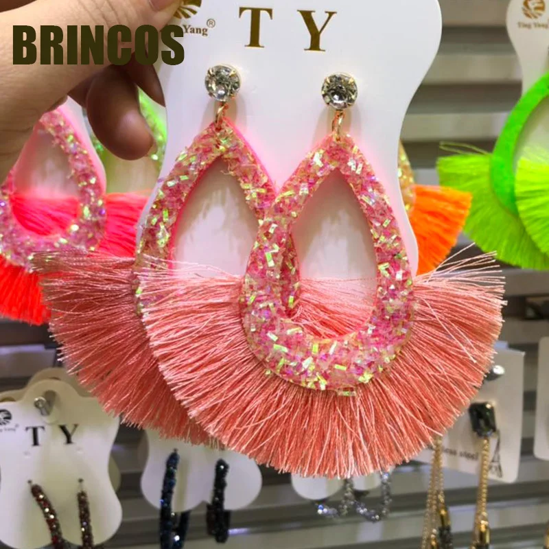 Earrings for women Neon green Tassel boho gold korean indian jewelry statement drop handmade oversize bohemia aliexpress