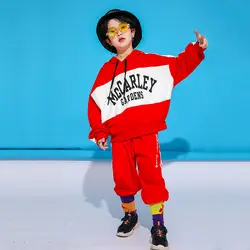 Хип-хоп детские танцевальные костюмы Красный с капюшоном Топ и штаны Уличная Одежда для танцев мальчиков этап Show наряд Детская джазовая