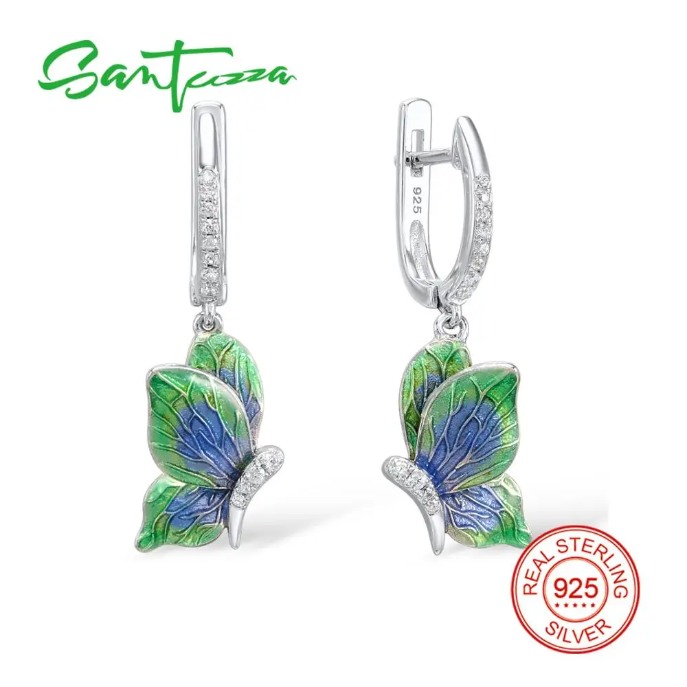 

SANTUZZA Silver Earrings For Women 925 Sterling Silver Dangle Earrings Silver 925 Cubic Zirconia brincos Jewelry Party Enamel