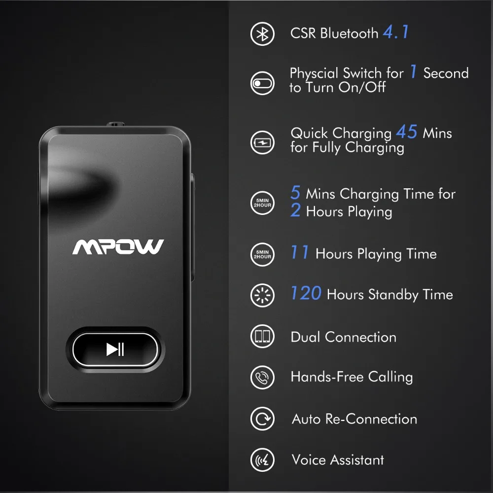 Mpow bluetooth-адаптер, приемник стерео качество звука адаптер автомобильная аудиосистема беспроводной приемник с микрофоном Поддержка Siri