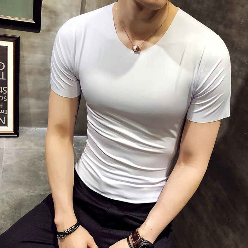 

2019 summer Men's T-shirt modal ice silk seamless short-sleeved T-shirt V-neck summer Slim half-sleeve men's T-shirt Tops Tees
