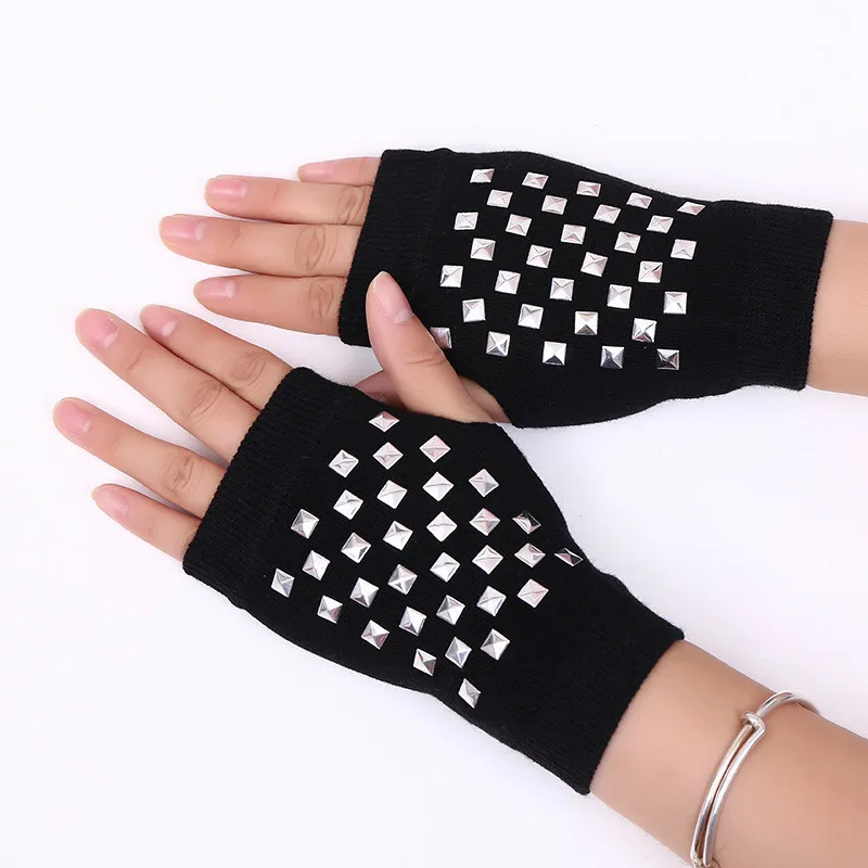 

Men and Women Cool Gold Studded Black Knitted Elastic Fingerless Gloves