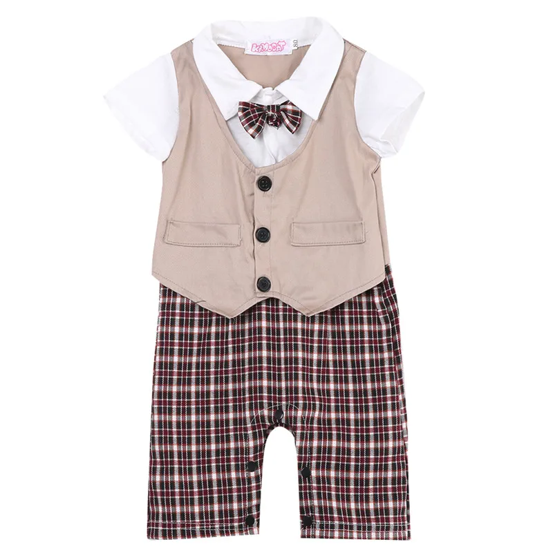 CANIS Summer Newborn Kids Baby Boy Infant Top Plaid Romper Jumpsuit Shorts Clothes Sets Outfits Formal Gentleman Wedding Suits - Цвет: Хаки