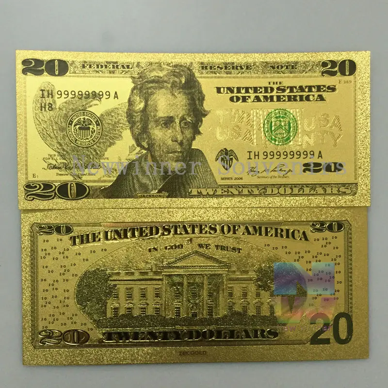 10 pcs/lot Ameican USD Gold Foil Bill Banknote 20 Dollar USA Money