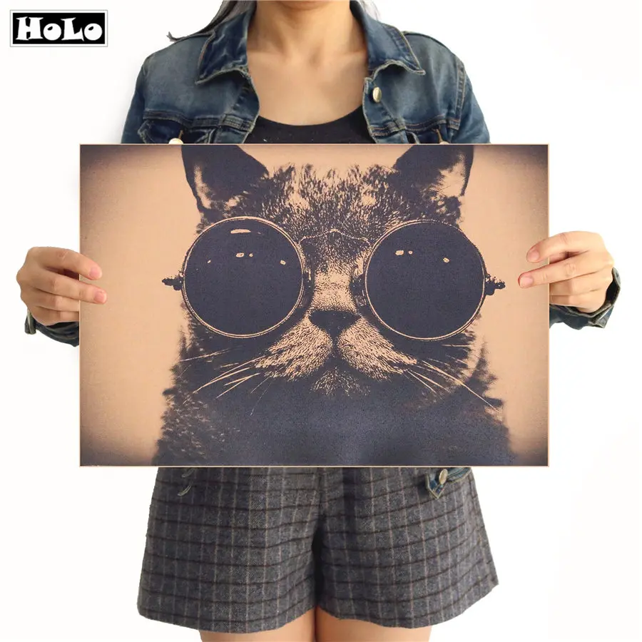 

Cat with sunglasses Vintage Kraft Paper Poster Abstract Decorative Painting retro home decoration Wall Stickers 42x30cm