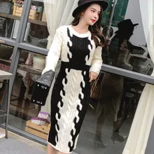 HAMALIEL подиумное дизайнерское женское плотное платье-свитер карандаш зимнее черное белое лоскутное вязаное облегающее платье с круглым вырезом