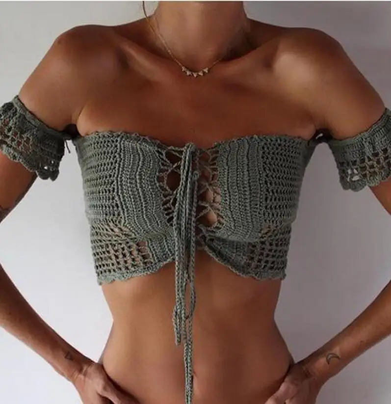 

Sexy Lace truncated Top Summer with open shoulders white Lace crochet brandy melville Elegant Short TANK CROP Tops bustier