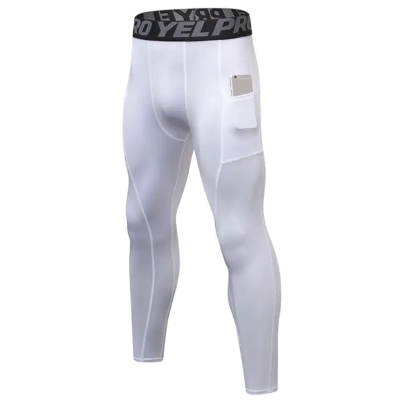 Мужские размера плюс, одноцветные компрессионные длинные штаны с карманами, крутые, сухие, Спортивные Леггинсы, эластичные, с буквенным поясом, термобелье для бега Ti - Цвет: White
