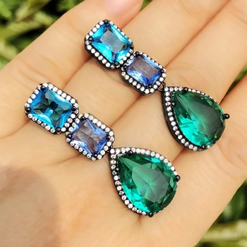 

Green big water drop Long Pendant Earring Geometric square Crystal Glass Around cubic zirconia kpop earrings For Women Jewelry