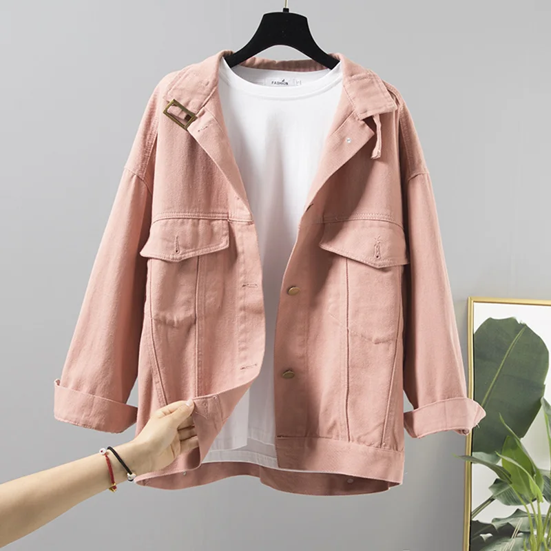 buy  Denim Jacket Korean Female Jacket Classic Light pink Denim Coat Relaxed Fit Tops Long Sleeve Jean O