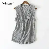 Verlena OL 100% Silk Gray Blouse Geometric Pattern V-Neck Japan Style Sleeveless Tank Shirt Women Blouses 2019 Women Summer Tops