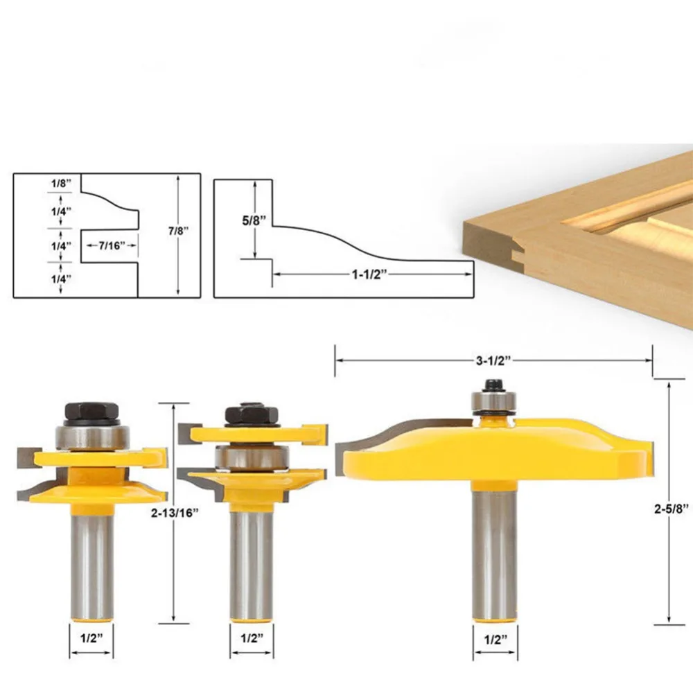

3PCS 1/2'' Shank Ogee Rail & Stile Router Bit Cove Double-Side Raised Panel Tools Sets Kit Woodworking Chisel Cutter Tool Set