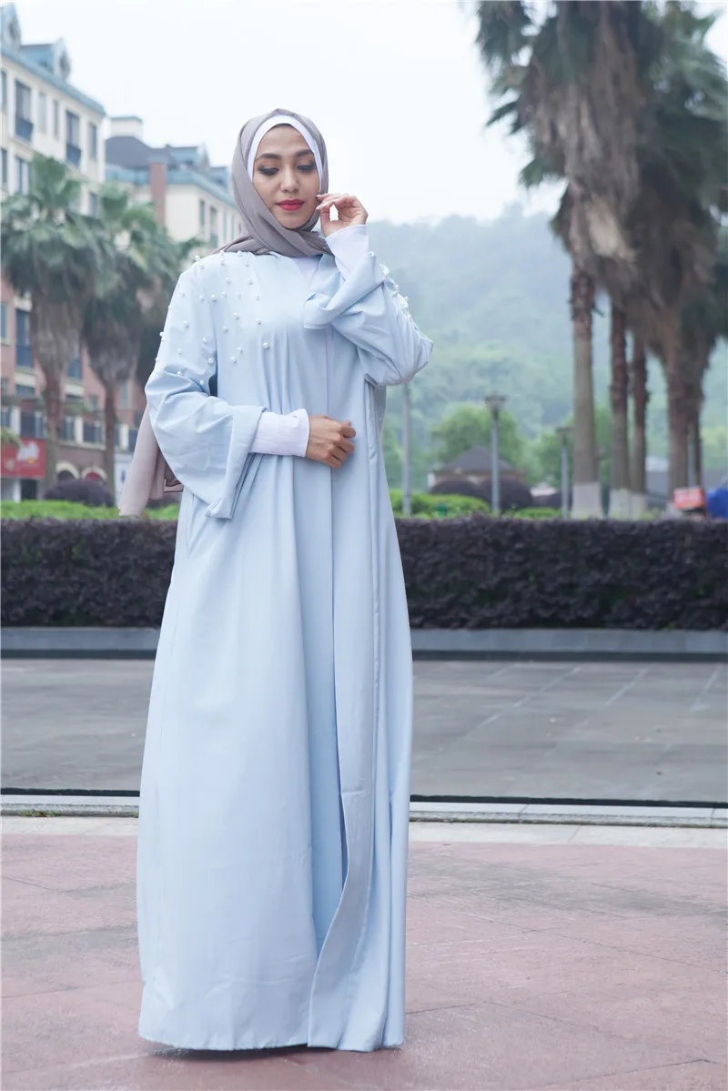 New Abaya Dubai Kaftan Hijab Handmade Pearl Muslim Dress Cardigan Jilbab Caftan Ramadan Abayas Women Turkish Islamic Clothing - Цвет: Светло-голубой