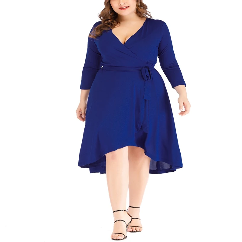 

Women's Summer Large Size XL-5XL Sexy Deep V-neck Cropped Sleeve Solid Color Belt Cardigan Knee Dress