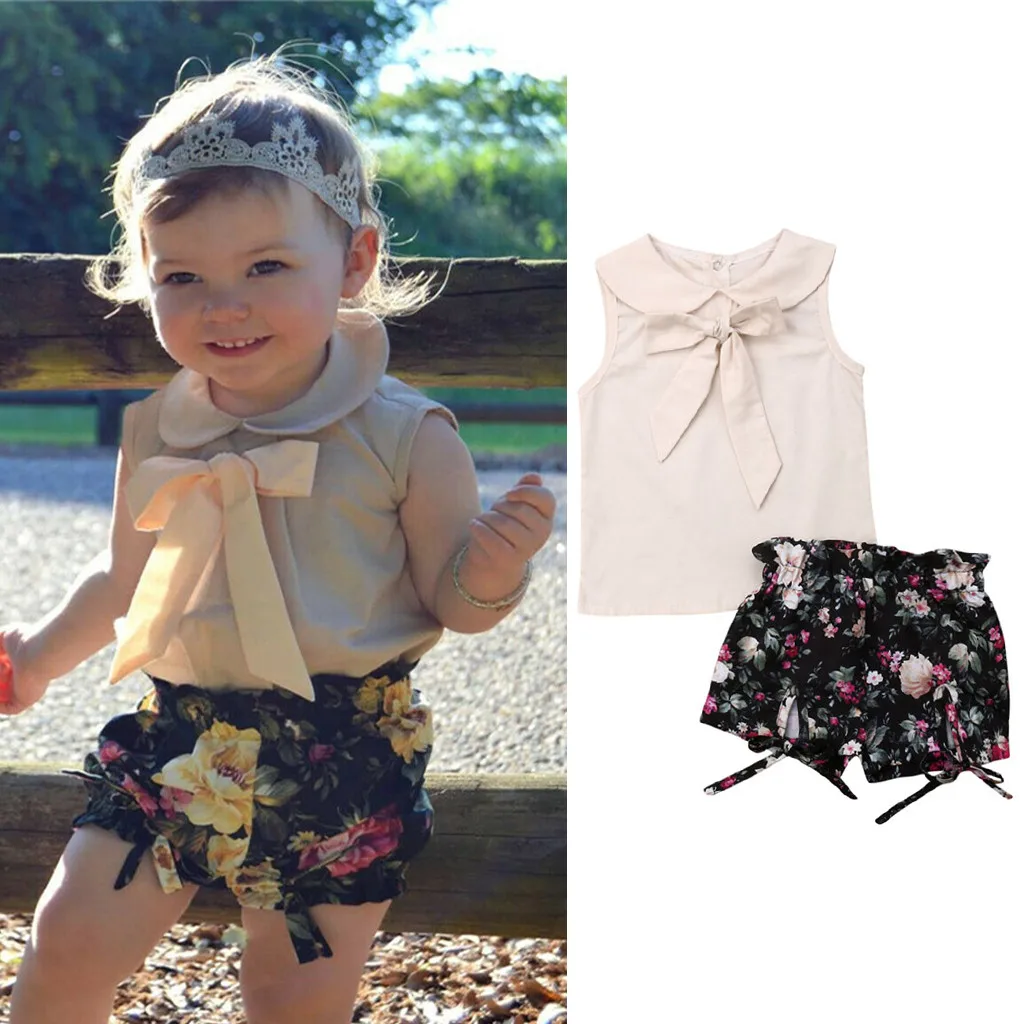 

MUQGEW Toddler baby girl clothes Kids Girls Bow Tie Solid Vest Tops Floral Shorts Casual Outfits summer baby girls clothing set