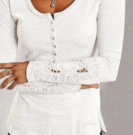 Женская футболка, Модная тонкая Кружевная футболка с круглым вырезом и длинными рукавами, недорогая футболка большого размера, Прямая поставка, KFL8055 - Цвет: Белый