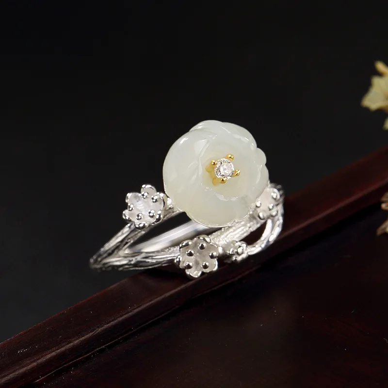 S925 pure silver natural Hetian white saic plum blossom lady high-end open ring | Украшения и аксессуары
