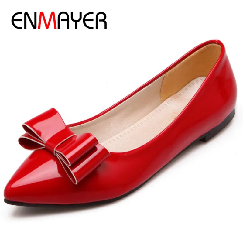 

ENMAYER Pointed Toe Shoes Woman Bowties Shoes Woman Office Ladies Black Beige Red Party Wedding Summer Flats Shoes Womens