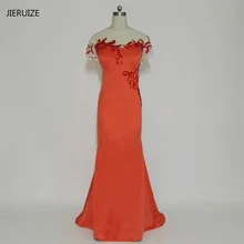JIERUIZE Orange Satin Red Beaded Mermaid Long Evening Dresses Short Sleeves Evening Gowns Mother of the