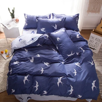 

4Pcs Fashion Simplicity Dark Blue Flying Swallow Twin/Full/Queen/King Size Bedding Linen Quilt/Duvet/Doona Cover Set&Sheet Shams
