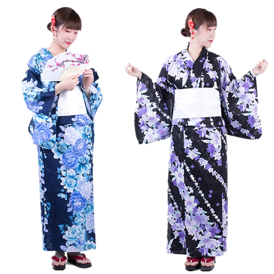 Японский стиль косплей для женщин кимоно Цветочная вишня с длинным рукавом хлопок длинные халаты Традиционная японская мода юката платье