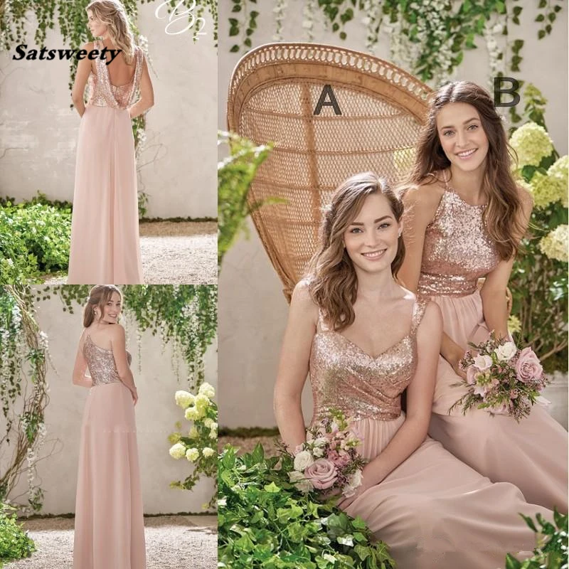 

Rose Gold Bridesmaid Dresses A Line Spaghetti Backless Sequins Chiffon Cheap Long Beach Wedding Gust Dress Maid of Honor Gowns