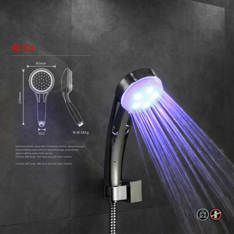 Светодиодный хромированный полированный ручной душ для ванной, черный светодиодный дождевой Душ