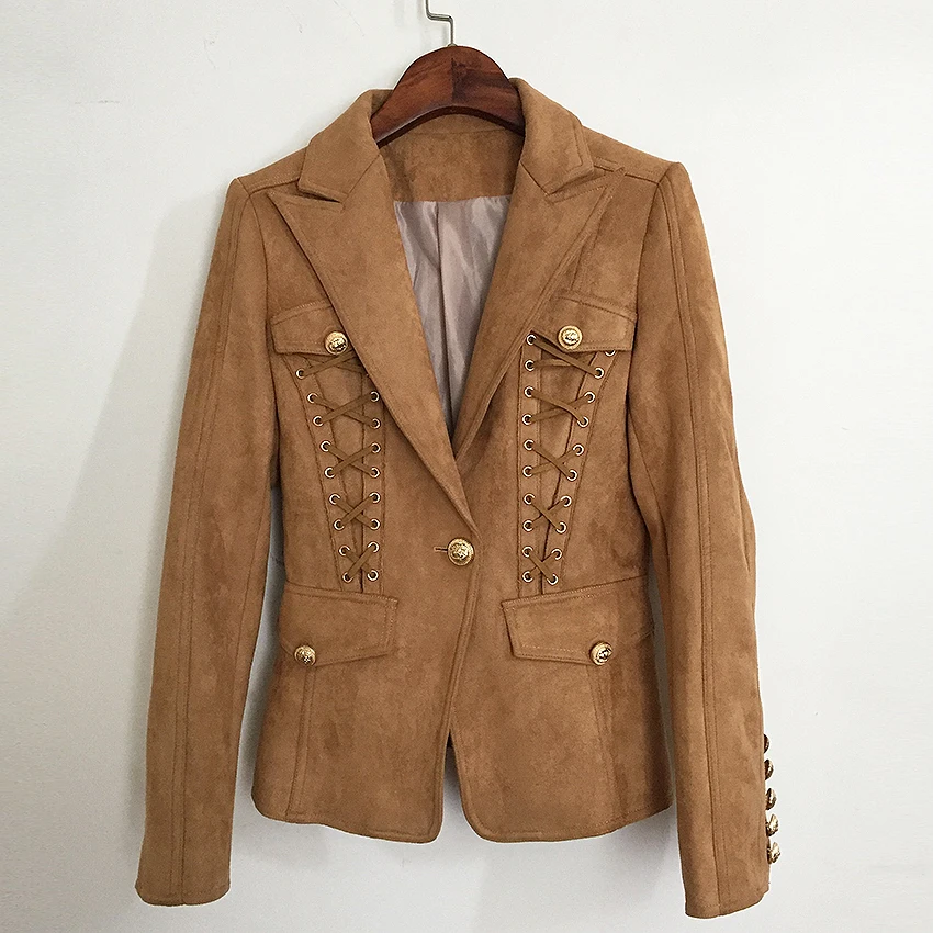 

HIGH QUALITY New 2017 Autumn Winter Baroque Designer Blazer Women's Long Sleeve Metal Lion Buttons Lacing Suede Blazer Jacket
