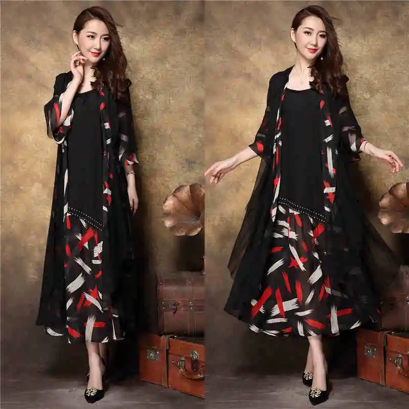 

Summer Middle Age Ladies Plus size Elegant party Dress twinset chiffon dress high-end asymmetrical temperament long dress XXXXL