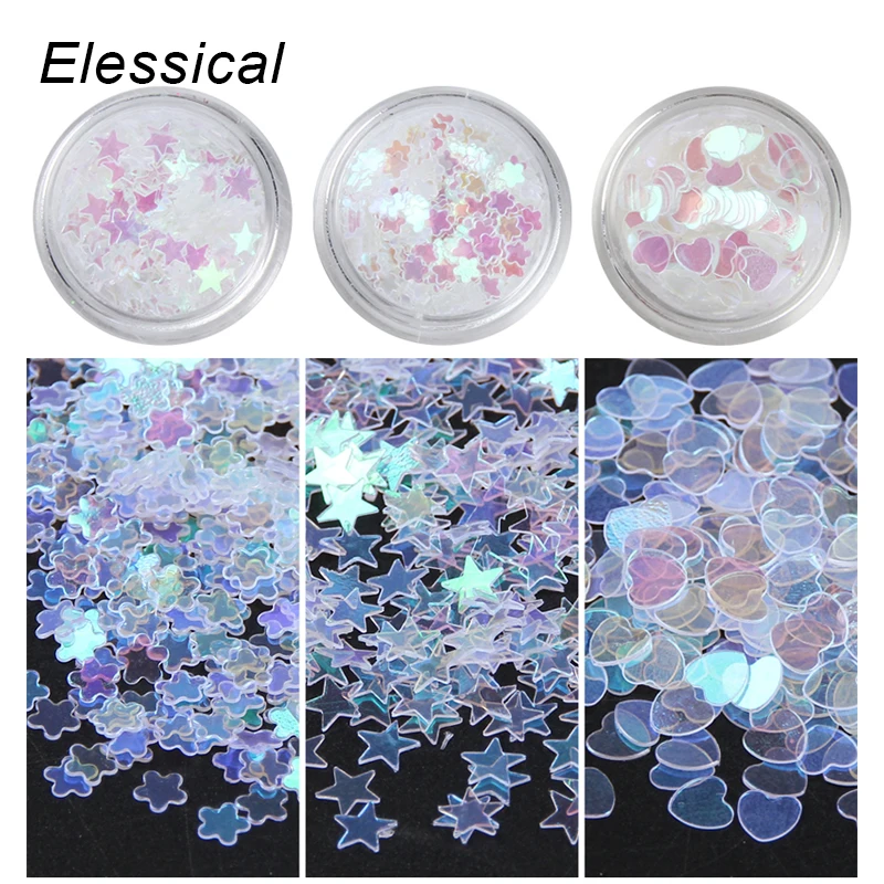 

ELESSICAL 6 bottles/set Clear AB Color Heart Flower Star Shape Nail Polishing Glitter Nail Art Decoration Manicure Supply WY1137