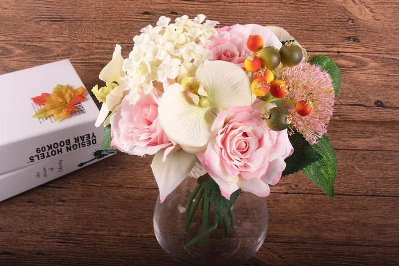 Silk flower wedding bouquet Rose Orchid Berry Artificial flowers fall vivid fake leaf wedding flower bridal bouquets decoration (13)