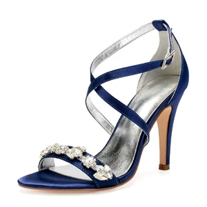Вечерние атласные босоножки с баклажаном женские туфли-лодочки перекрестный ремешок на высоком каблуке для невесты, свадьбы, выпускного вечерние туфли с хрустальной цепочкой - Цвет: Navy blue