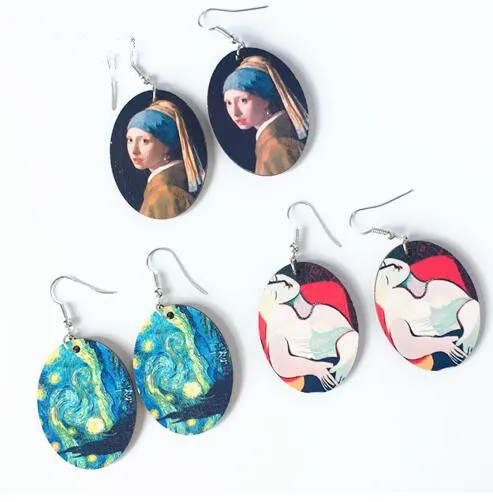 

Fashion Vintage Wooden Oil Painting Drop Earrings Personalized Exaggerated Geometric Oval Wood Earrings for Women Girl Gifts