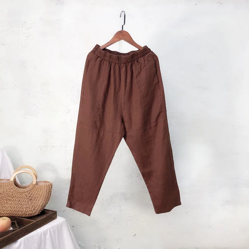 

Retro Literary Linen Casual Pants Female Summer New Solid Color Harem Pants Stitching Elastic Waist Nine Points Pants