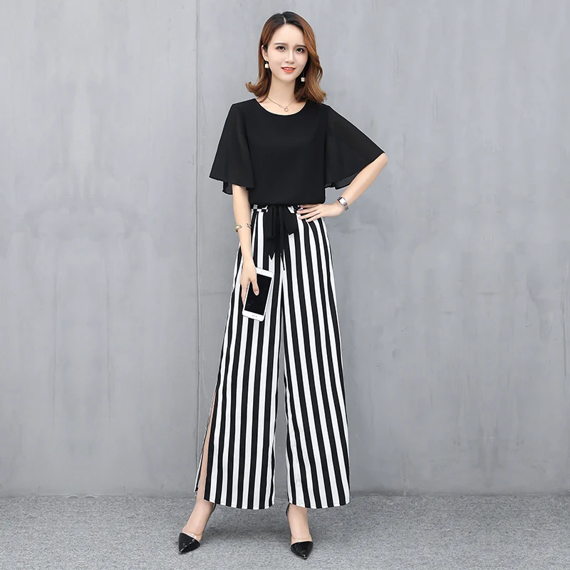 

Zogaa 2019 New Women's Set 2 Piece T Shirt + Striped Wide-leg Pants Cotton Casual Female 's Fashion Sets Comfortable Hot Sale