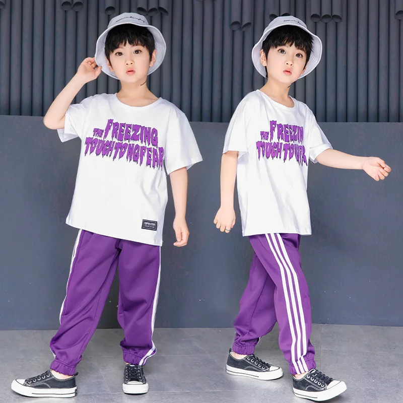 Костюмы в стиле хип-хоп для мальчиков; фиолетовые рубашки; модные костюмы для бальных танцев; джазовая Одежда для девочек; комплект со свободными штанами; Одежда для танцев для детей