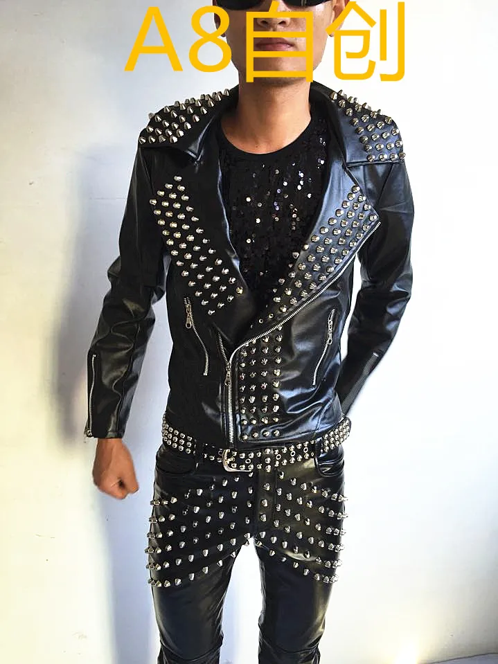 Мужской костюм певицы Zhilong из кожи с заклепками в стиле панк рок|men leather jacket|leather