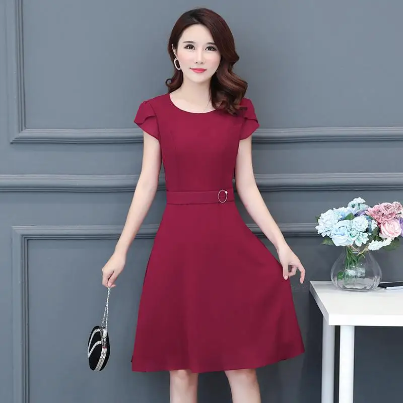

Yfashion 4 XL Vintage Summer Dress Women Fashion Elegant Solid Color O Neck Belt Large Size Dresses Dress Female Vestidos