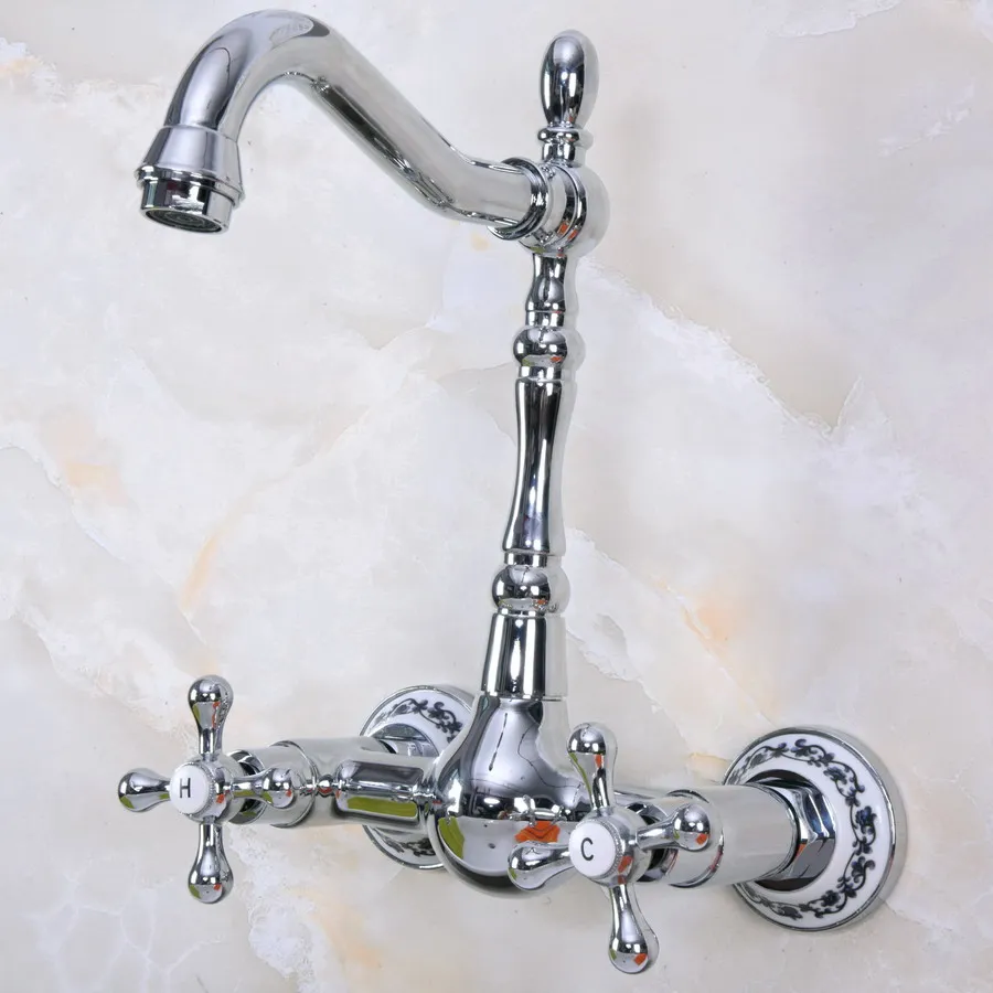 Polished Chrome Brass Wall Mounted Double Cross Handles Bathroom Kitchen Sink Faucet Mixer Tap Swivel Spout anf966