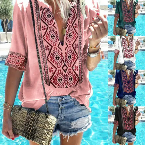 2019 المرأة الصيف قمم الأزهار طباعة قميص السيدات الخامس الرقبة قصيرة الأكمام بوهو بلوزة قميص فضفاض حجم 4-16