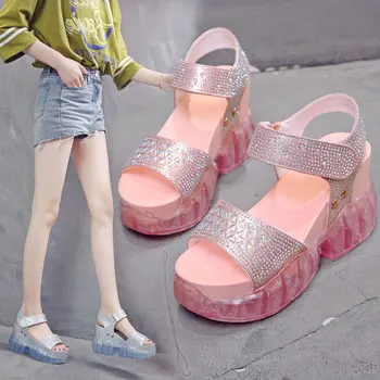 

Rhinestones word thick bottom jelly sandals female fairy wind high heels summer 2019 new net red crystal wedge sandals