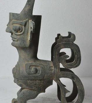 

22" old chinese fengshui Bronze Culture Sanxingdui people face beast body statue
