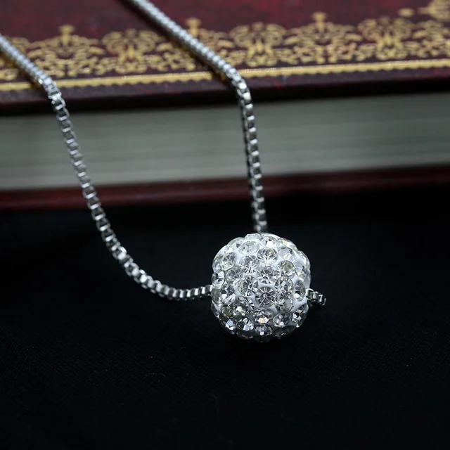 12mm Full Crystal Ball Pendant Necklace For Women 925 Sterling Silver