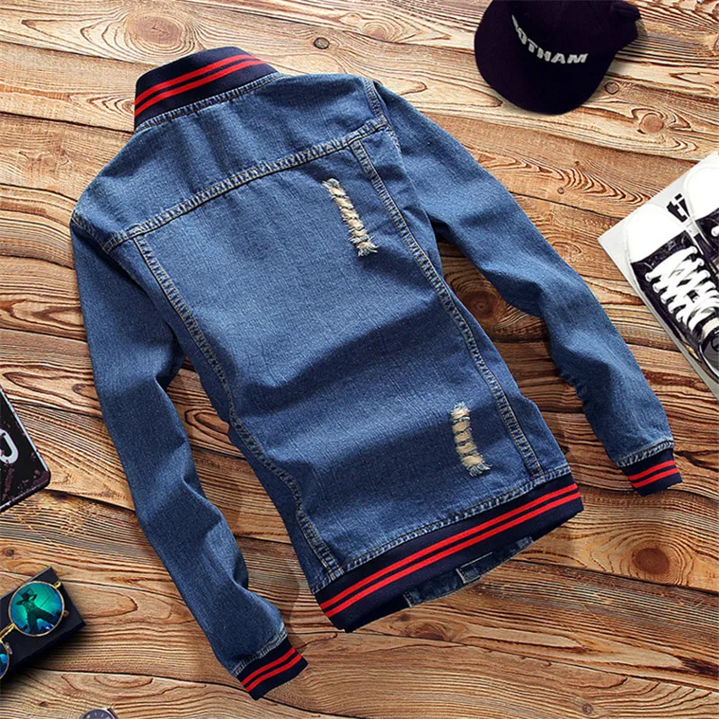 Günstig 2019 NEUE Frühling Herbst Pilot Jacke Denim Herren Casual Mode Mann Bomber Baseball Jacken Männer Mode stickerei Jean Jacke Mann