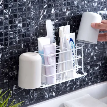 

Iron Toothbrush Holder Wall Mounted Tooth Brush Cup Toothpaste Storage Rack Organzier Shelf Razor Holder Bathroom Organizer